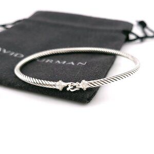 David Yurman Sterling Silver Classis Cable 3mm Diamond Buckle Bangle Bracelet